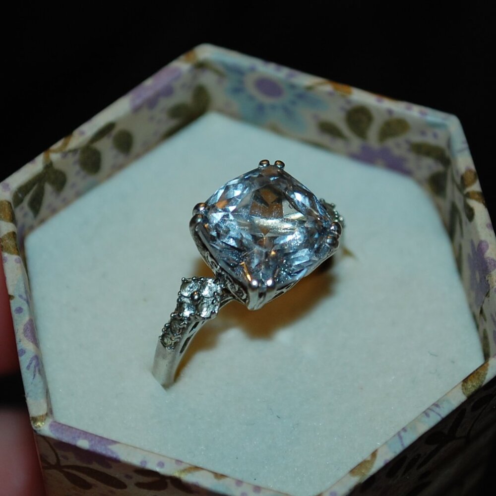 Old Mine Cut White Topaz with Diamond Accents 925 Silver Size 8